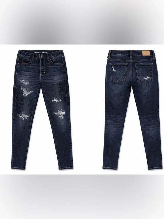 American Eagle Super Stretch Jeans Sz 4 Dark Wash Distressed Skinny Embroidered - Picture 2 of 3